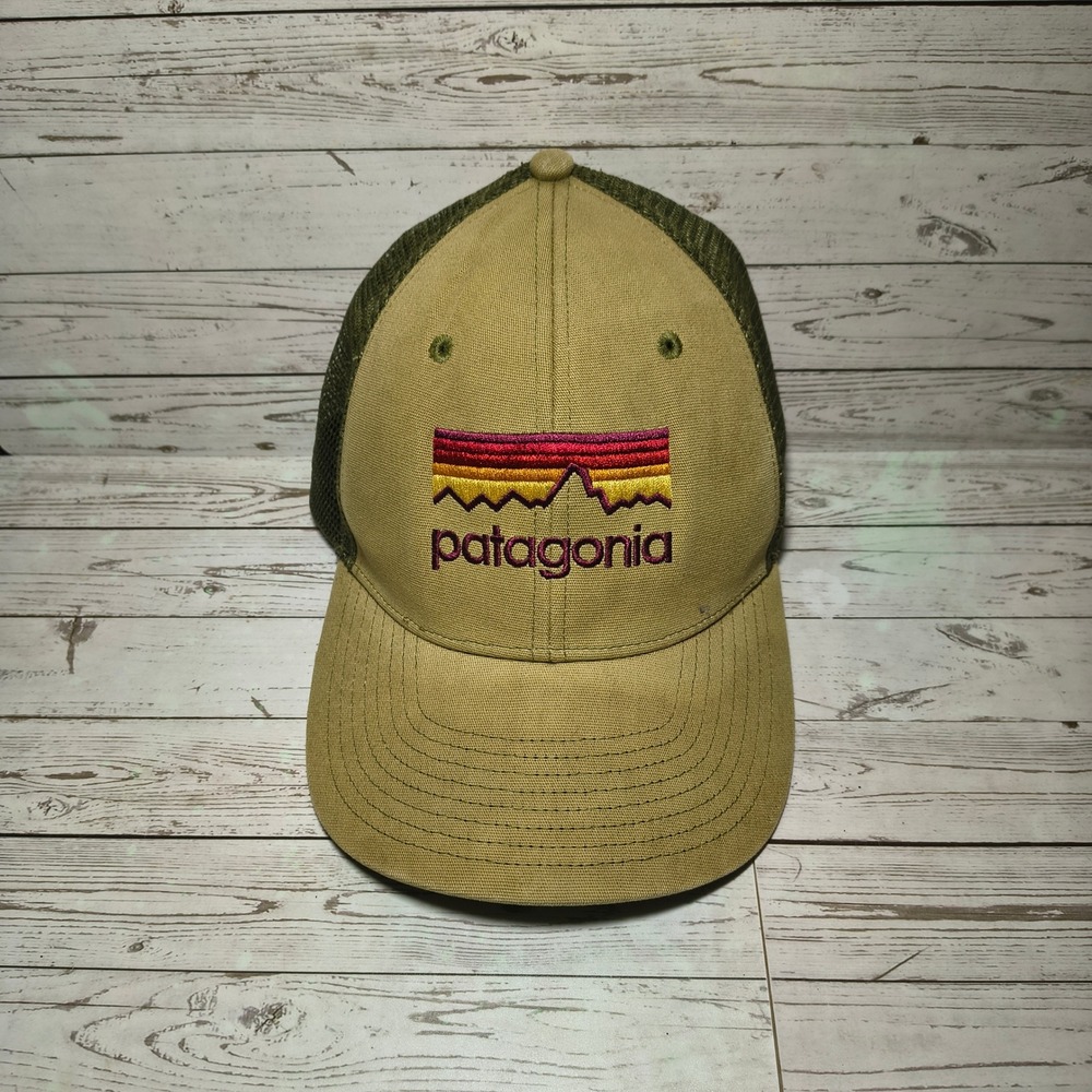 Patagonia Fitz Roy Horizons Trucker Hat Tan Olive Green Mesh Snapback Cap